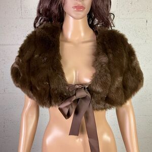 Kiss Kiss Brown Faux Fur Ribbon Tie Front Stole Wrap OS